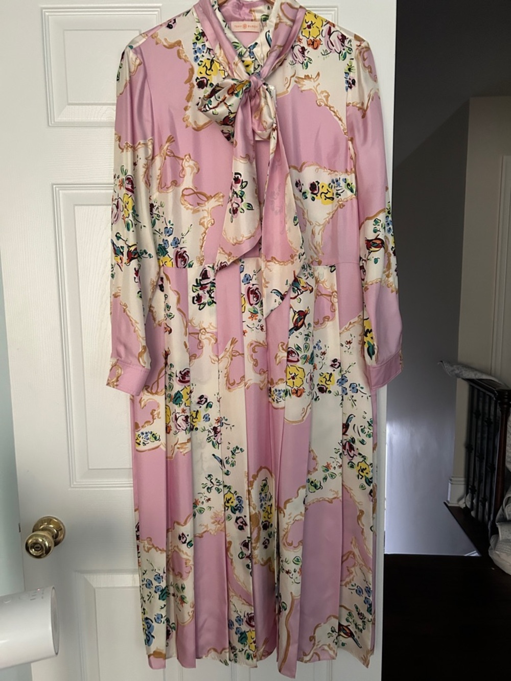 Tory Burch Pink and Cream Floral Tie-Neck Blouse. Brand new with tags.